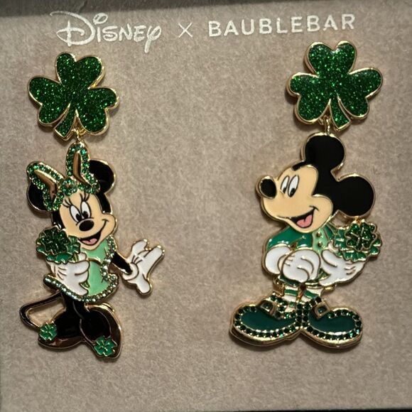 BaubleBar Minnie & Mickey mouse St. Patrick's day earrings - Picture 1 of 5